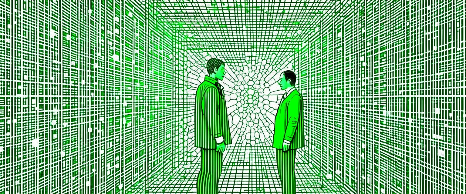 point of view of an intricate digital neural network connecting two school keeper with the matrix in the style of rafael di sanzio, green and white palette