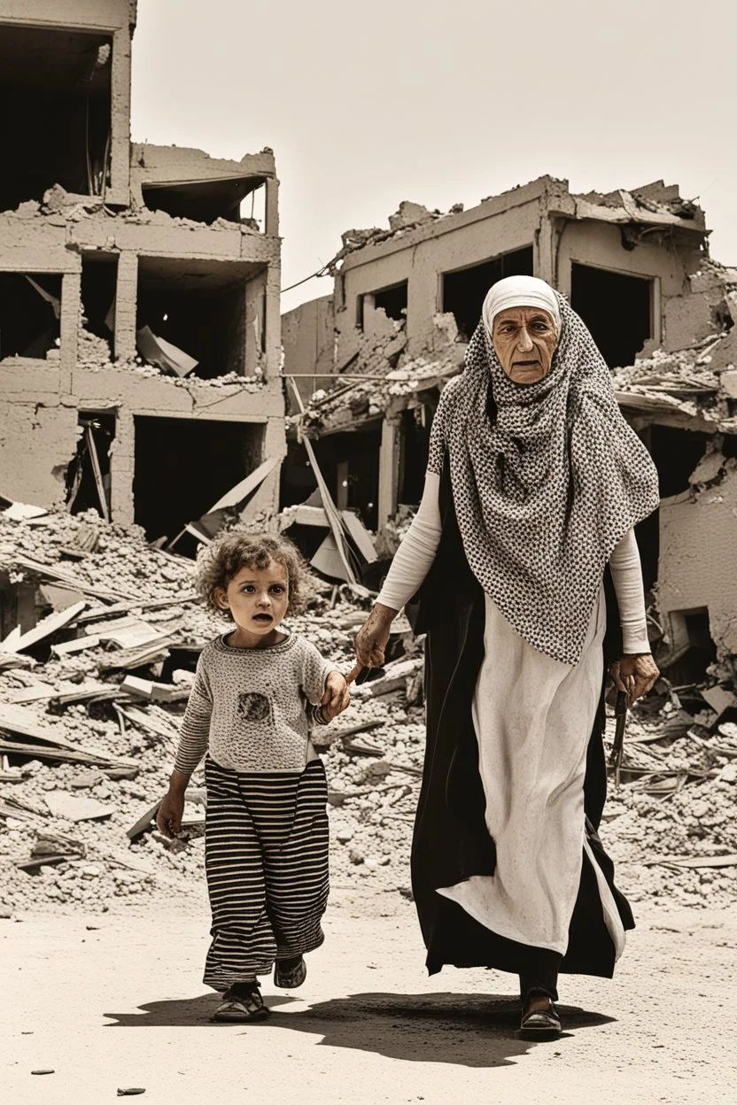 Palestinian old woman wears the keffiyeh , Carrying a small girl ,at summer , Destroyed Buildings , with a Explosions, at night