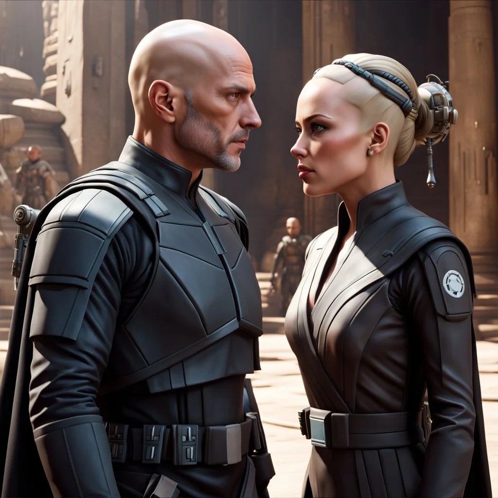 a bold and heroic bald male Corellian pilot in black and grey First Order special forces gear meets a female Jedi Master in ancient, mystical temple, hyperdetailed, dynamic lighting, hyperdetailed background, 8k resolution, volumetric lighting, light skin, fully symmetric details