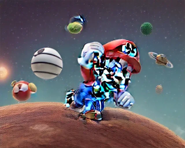 super mario in spacesuit with planets in background