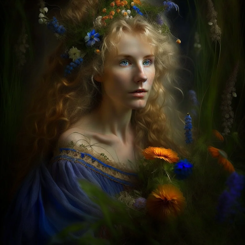 captivating conceptual portrait featuring a Swedish woman with cascading, ethereal hair and an enchanting aura. Her flowing gown is adorned with a diverse array of wildflowers, including Fireweed, Linden flower, Meadow sweet, Cornflower, St. John's wort, Stinging nettle, and Peppermint plant. Her delicate hand tenderly touches a mystical blackbird