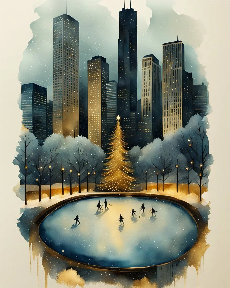 imagine an Art Deco style watercolor painting with gold foil applied to buildings. image of a Winter Park with a frozen pond, a Christmas tree, ice skaters, in foreground. background shows a cityscape with dark blue buildings accents with gold foil and One building is entirely gold foil. Christmas vibes, festive, elegant styling. MY PROMPT ABOVE. I used Microsoft Designer to create these images. I love how they turned out!