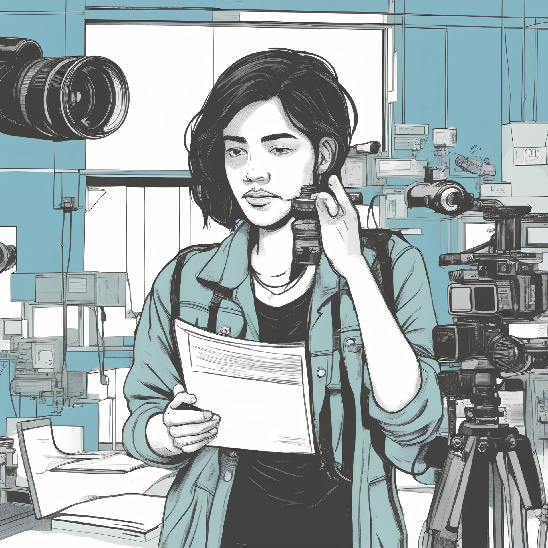 Illustration of a young journalist working in the press, holding a camera, 25 years old, short black hair, beard, no glasses, wearing a press jacket, front view, blue background, name Hema, signature Hima, writing the name Hima