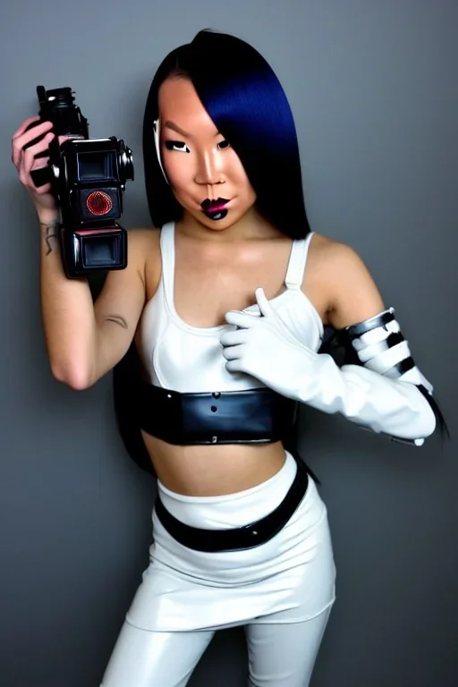 Cyber-punk style random-mask. Large fencing mask covers cheeks. Trim girls. Reflective white plastic skin. Camera lenses as eyes. Head full of integrated old-fashioned cameras. Golden to cyan surfaces body, latex. Perfect body, thick thighs and calves. Asa Akira. Selfies with old-fashioned cameras in both hands. Wide hip, skirt bleats nicely. Camera at mons veneris. Partly symmetrical. Cameras hanging on wide plastic belt. Euclidean 3D-tiling walls. Fractals. Chaos. Minimalism. surveillance