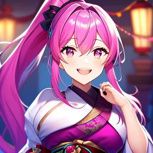 girl, masterpiece, best quality, volumetric lighting, detailed outfit, perfect eyes, long hair, fuchsia hair, fuchsia eyes, laughing, obi, ponytail,