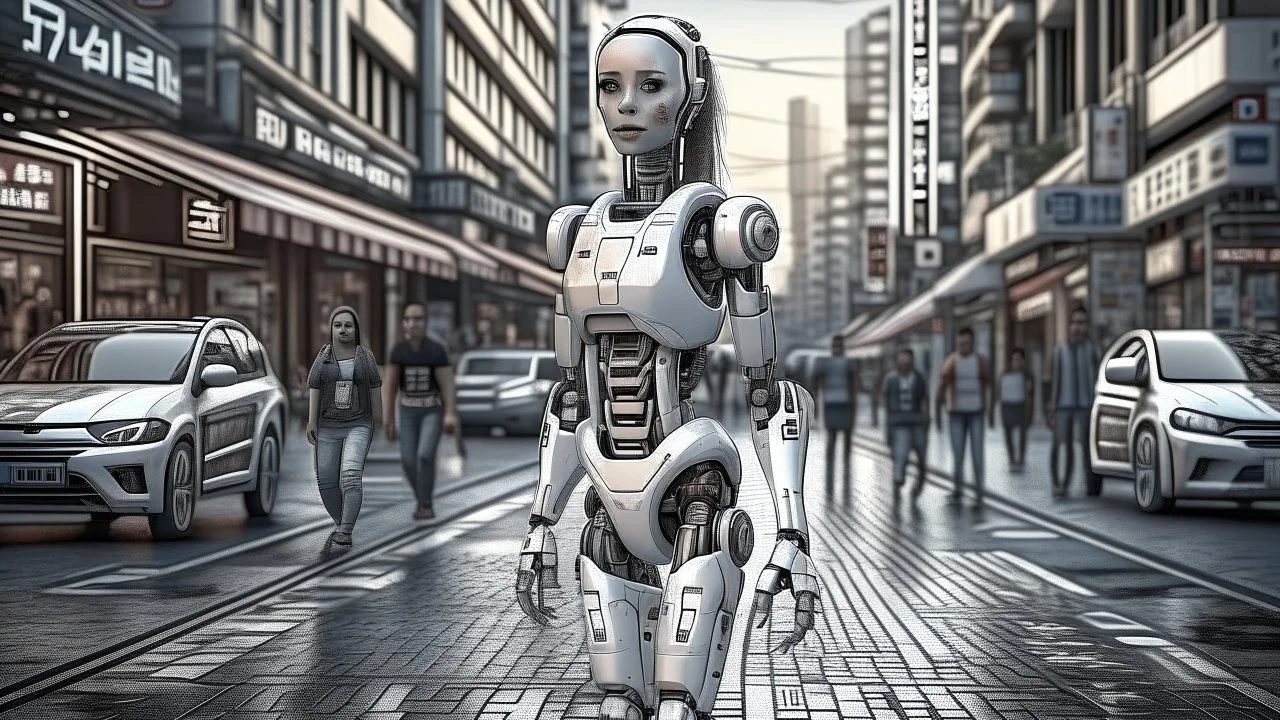 female robot, in a street, shops, cars, people