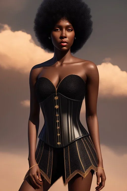 A portrait of a beautiful youthful black woman, wearing a corset, long silky black hair, wizard, magical, ethereal, soft bright lighting. Concept art by wlop. Ultra quality 8k. Fantasy setting.