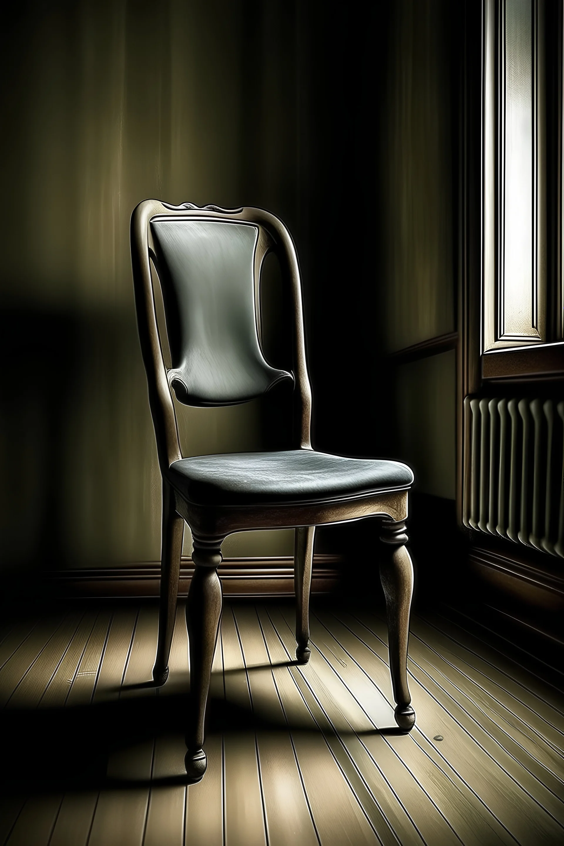 I want a picture of an empty chair in the middle of the picture, with a cultural and artistic character, pointed at the front camera
