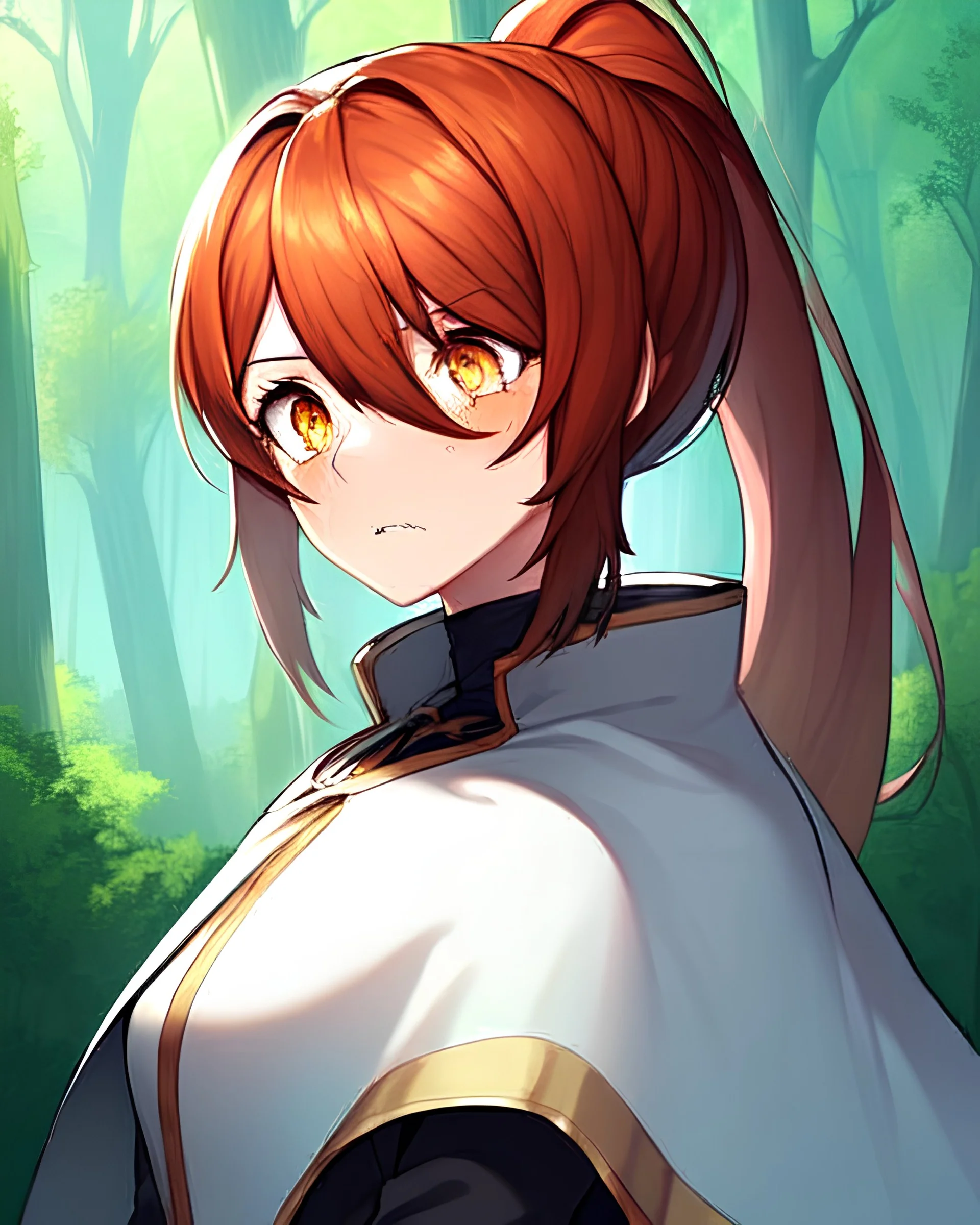 1girl, auburn hair, orange dark sharp eyes, squire, with short white shoulder cape, armor, long straight hair, long high ponytail, short side hair, mole under eye, hair between eyes, long thin bangs over eyes, scared, troubled, looking around, forest clearing setting, solo, portrait