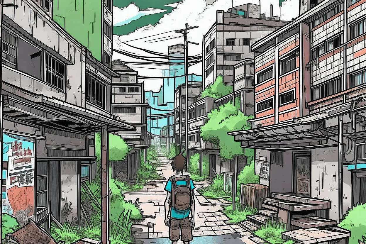 TLOU Town but as a coloured manga style, no characters just city landscape. in the style of Tatsuki Fujimoto