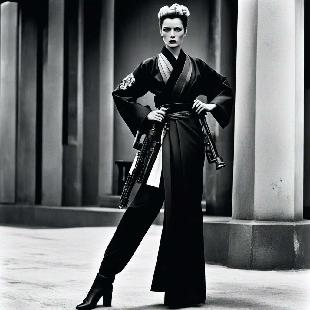 [photo by helmut newton] The guardian stands tall, Kimono turned combat gear, Beauty wields power. A weapon in each hand: Skillful hands at work,Firearm and blade in balance, Enforcer's resolve. Her strength emanates, Ancient grace meets modern might, she attacks