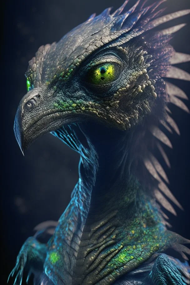 Bird lizard humanoid alien fused ,realistic, intriacte detail, sci-fi fantasy style, volumetric lighting, particales,highly detailed,cinamatic, deep colours