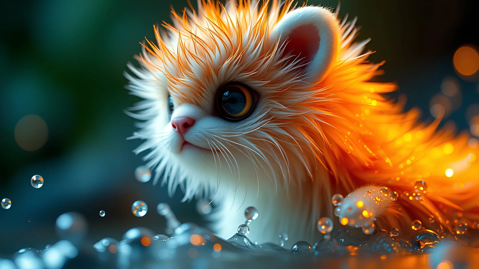 close midshot, high detail, 8K, photorealistic, bedazzling, cute fluffy wild creature, rule of depth of field intricate details, concept art, vivid colors, futuristic design, attention to detail, grandeur and awe, stunning visual masterpiece, fantastical realm, hard light, water