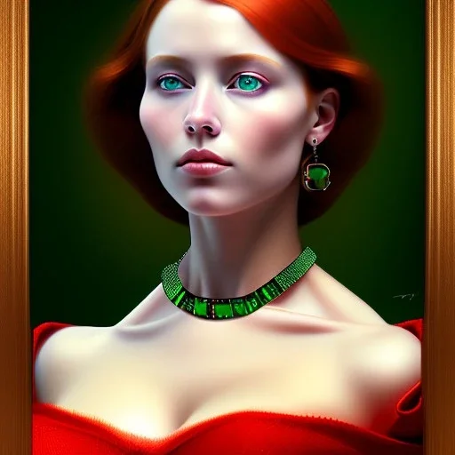 oil Portrait of a redhead beautiful busty voluptous adult woman with emeralds necklace green sad eyes looking to viewer by GRANT WOOD Ingres 8k