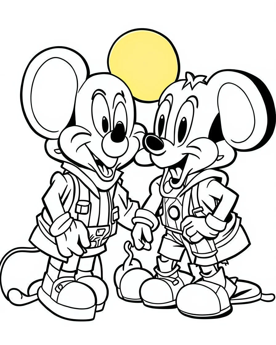 outline art for Mickey Mouse Kissing Minnie coloring page, Japanese manga style, cartoon style, cute face, white background sketch style, full body is a must, only use outline, clean line art, no shadow, bold outline