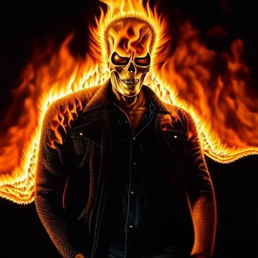 Ultra detailed fullbody Portrait in oil on canvas of GhostRider on fire ,extremely detailed digital painting, extremely detailed face,crystal clear eyes, mystical colors ,perfectly centered image, perfect composition, rim light, beautiful lighting,masterpiece,8k, stunning scene, raytracing, anatomically correct, in the style of Steve Jung and robert e howard and Wizyakuza and Ohrai Noriyoshi and Simon Bisley and uncannyknack.