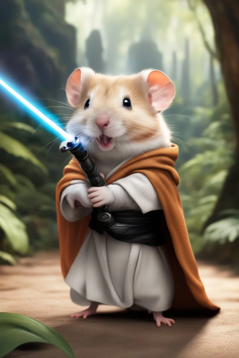 [photo realistic] a hamster standing with a Jedi cape and a Lightsaber, using the force, jungle in the background