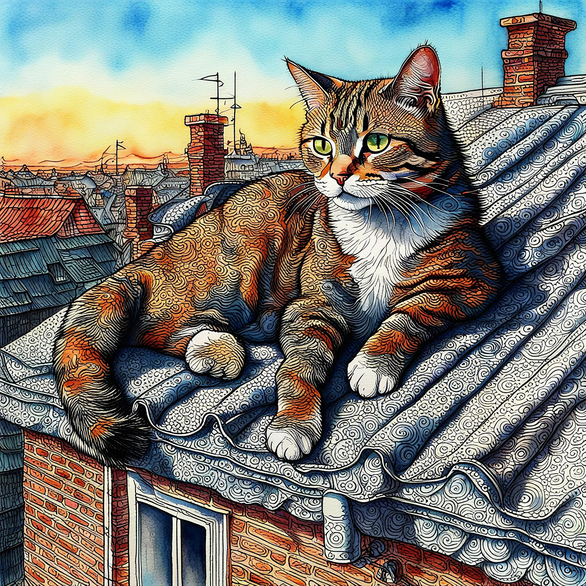 Golden ratio, ultra detailed watercolor painting, wet on wet painting, soft edges beautiful (((Masterpiece))) Create an image of a calico cat partially submerged in water, with its face and upper neck visible just above the surface. The cat has distinct patches of orange, black, and white fur, giving it a vibrant and colorful appearance. Its eyes are large and expressive, with a bright green hue that reflects the light filtering through the water. The background is a rich und