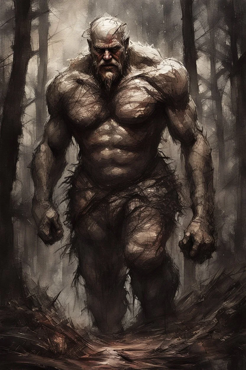 a stupid and crazy stone giant walks through the forest and breaks, vivid emotions, watercolor, photorealism, dark fantasy, bad weather, gloomy day, dark world, sketch art, fine lines, grunge, sensual, darkness, by Raymond Swanland & Alyssa Monks & Anna Razumovskaya