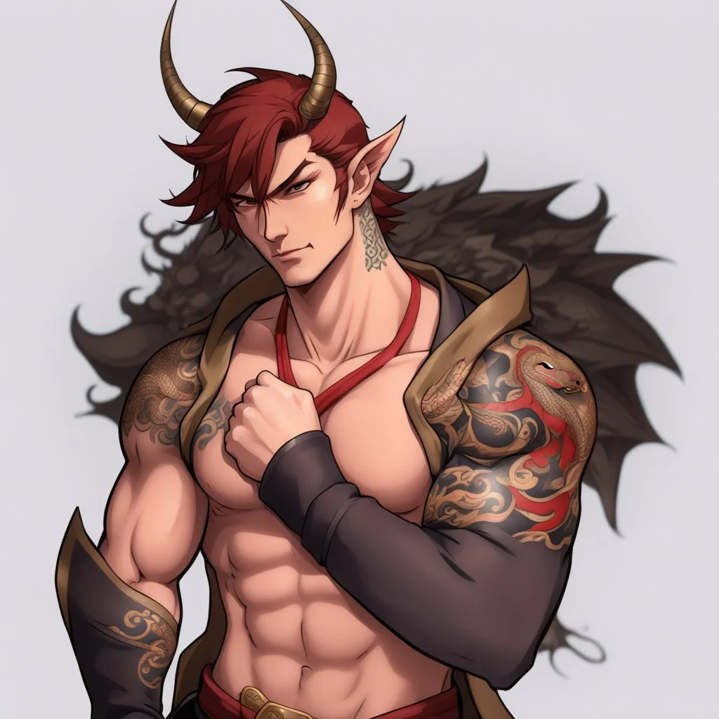 Make his entire both arms covered in Yakuza Dragon Tattoos. Make his Face Younger.