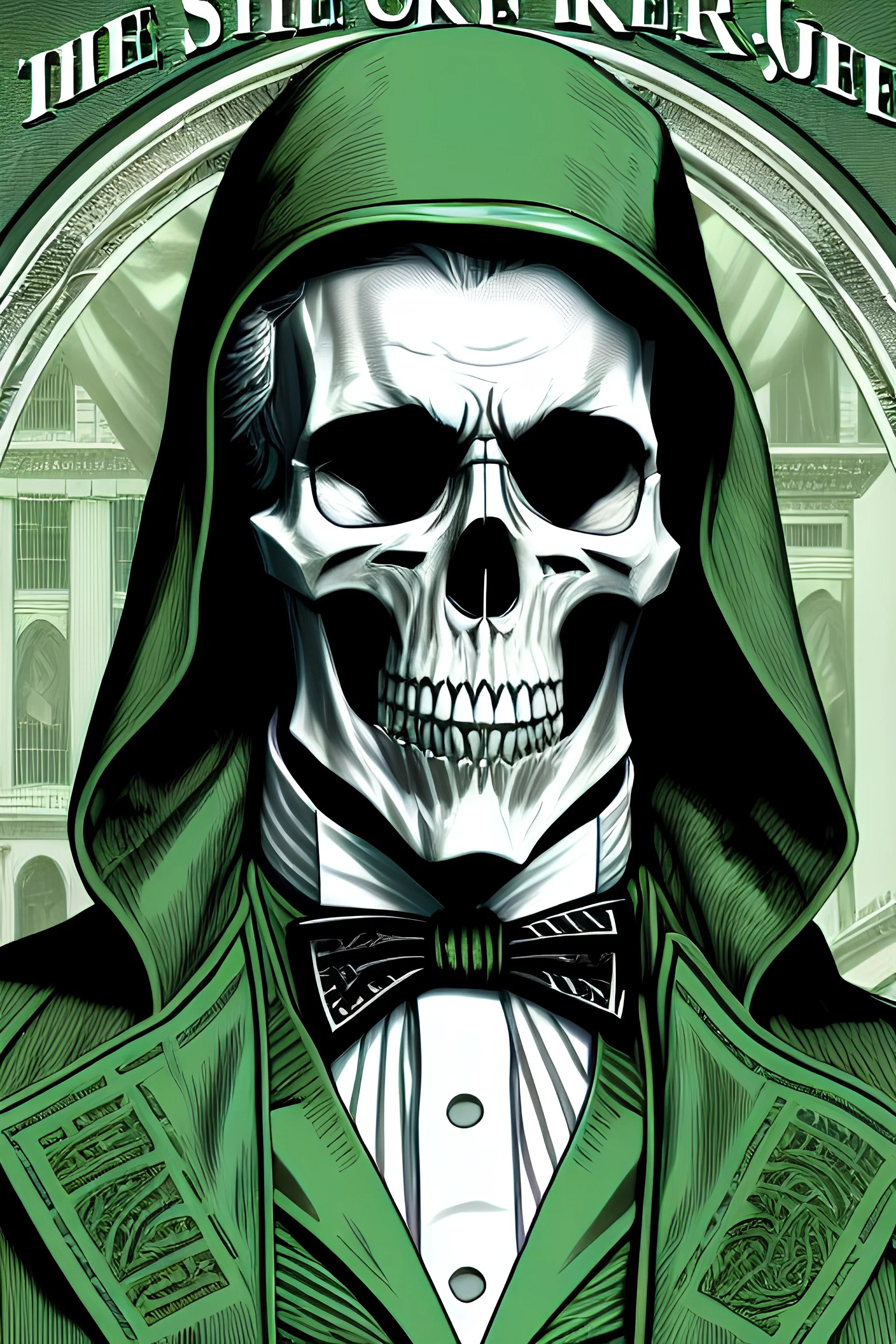 wall street journal style ,head and shoulders, engraved, HEDCUT, PORTRAIT OF THE GRIM REAPER AS PRESIDENT OF THE UNITED STATESr PRESIDENTIAL rendition of a skeleton dressed in a three-piece suit, very formal, as the president of the united states, united states one dollar bill, presidential, highly detaile, bhas sharp dangerous teeth, matte painting, meticulous, dark colored tie, engraved, based on the one dollar, bill, fine line, fine detail, black suit and hood, glowing eyes