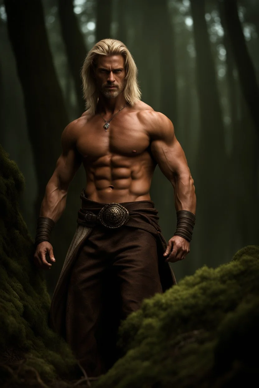 Tall, very muscular man, heavy set, aged 35 with light shaggy hair which falls around his shoulders, blonde neatly trimmed beard, bare chested, photorealistic, dark fantasy, forest.