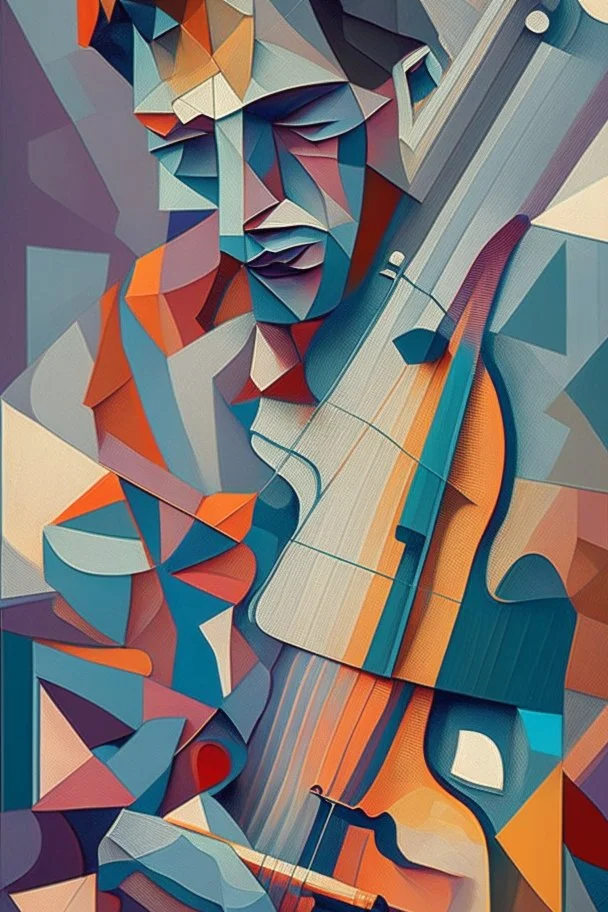 A captivating, cubist-inspired portrait of a musician playing their instrument, using fragmented shapes, lines, and a harmonious color palette to deconstruct the subject's features and express the rhythm and emotion of their music.