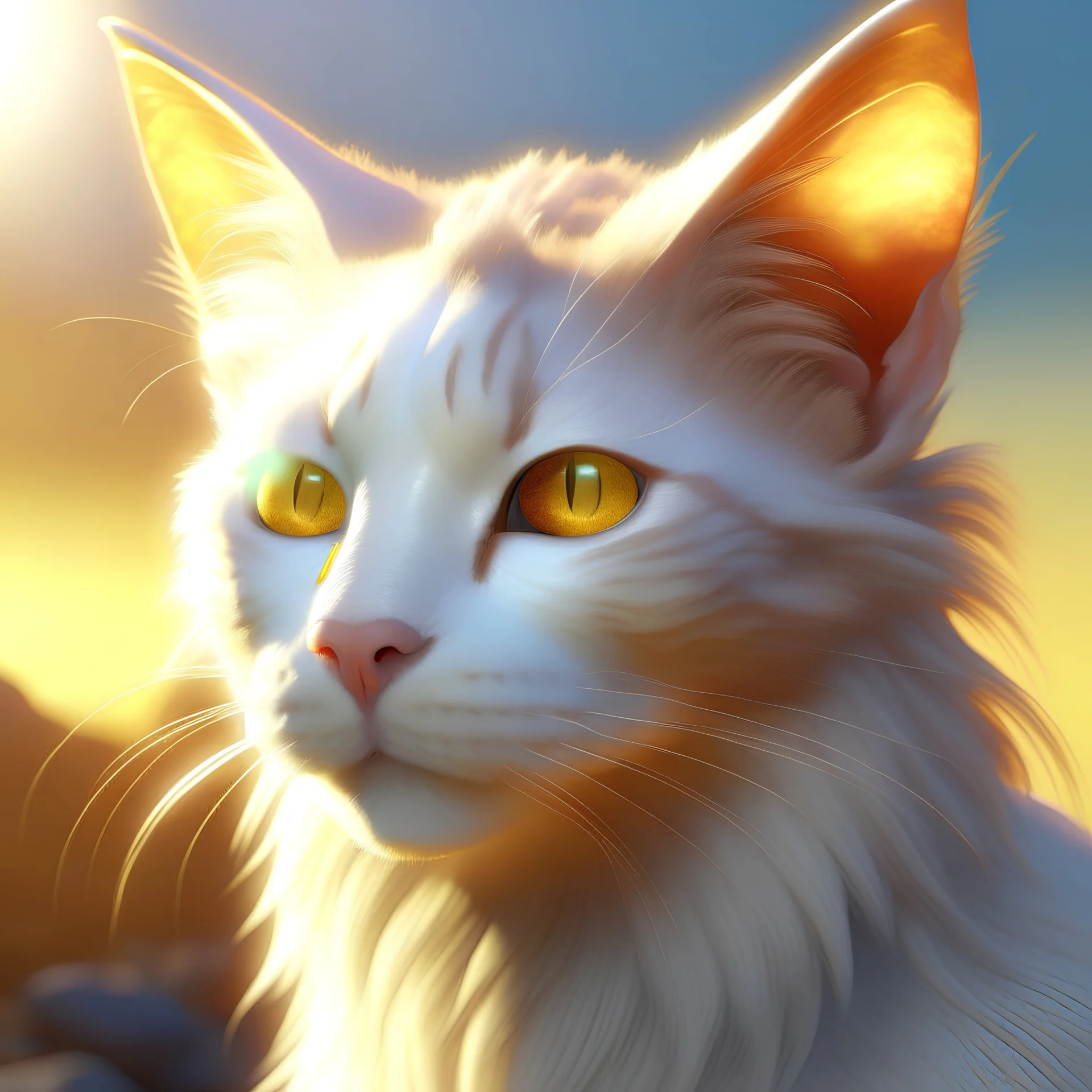 Photoreal Detailed d&d character portrait, oasis scene with mist and the sun is visible in the background, long hair Turkish van female tabaxi humanoid from D&D, eyes glowing with mystical energy, fantasy, detailed, catlike face