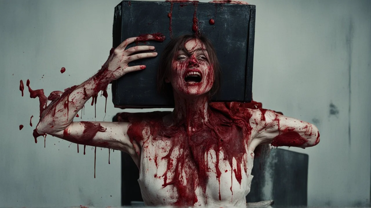 a gross woman covered in blood holding up a black rectangular box