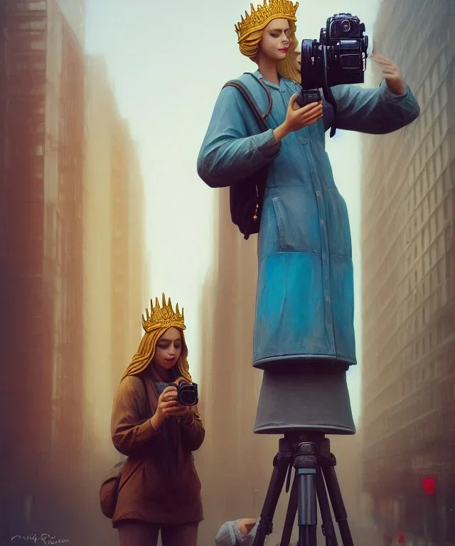 Statue of Queen of photography holding camera in hands. Cute blonde woman. Photographer in golden crown. Standing on the street. Big camera in her hand. hyperdetailed, photorealistic, trending on artstation, greg rutkowski, beksinski, kodachrome, volumetric lighting, gold and cyan