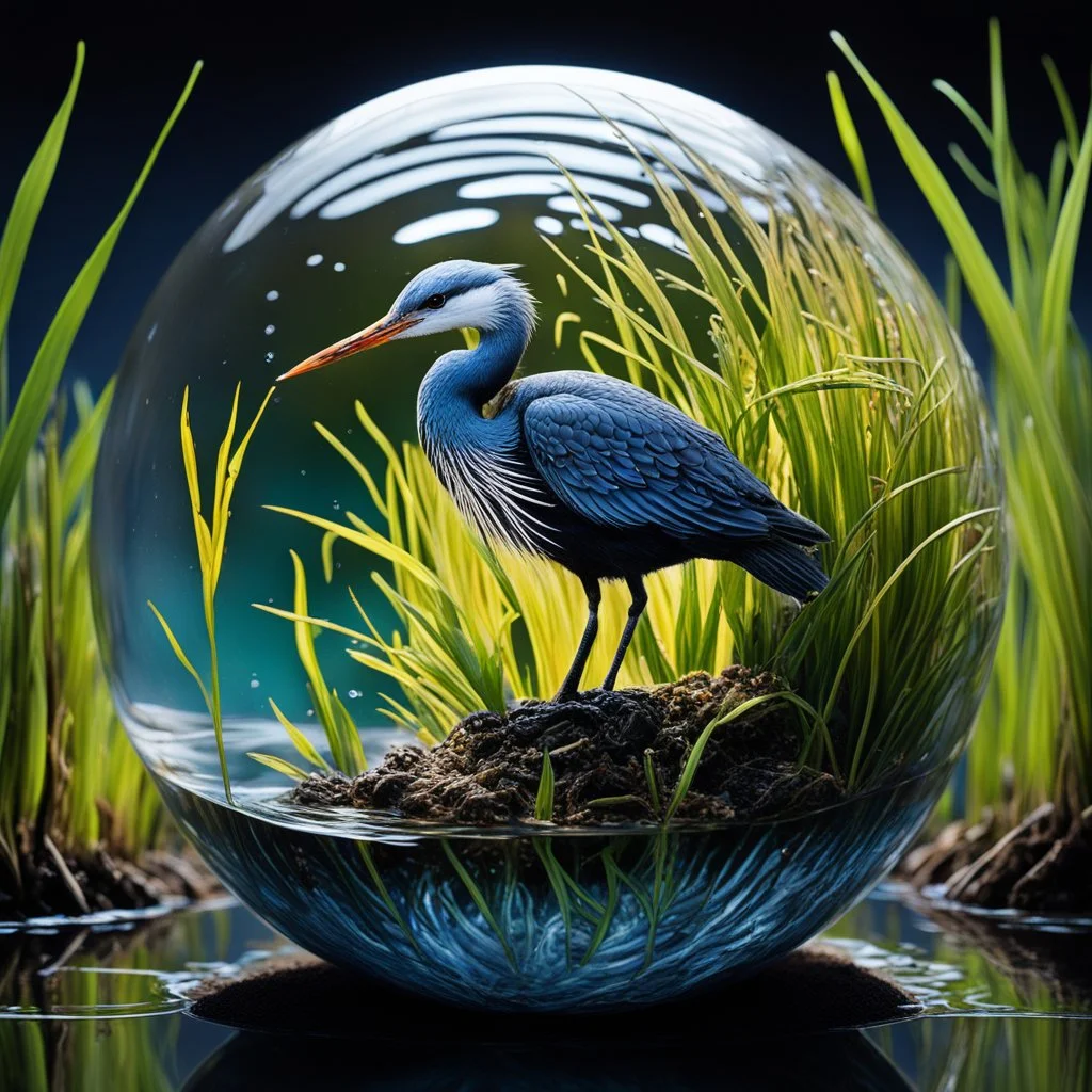 Prompt: A hyperdetailed photorealistic macro image of a glass sphere with a miniature eco system inside. The eco system is that of a coastal wetlands, with water, reeds, a snowy egret, redwing blackbirds, and a muskrat. Place a turtle under the water. Place the glass sphere on a wetlands mud bank with a neutral gray background.
