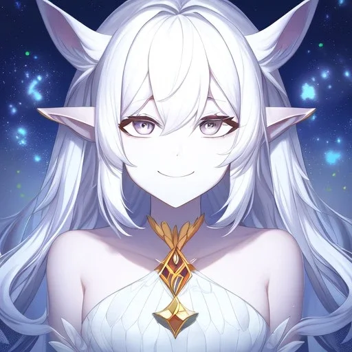 cosmic mage, elf, female, cosmic magic, long ears, white hair, face details, pale skin, jewellery, broad shoulders, sharp ears, cosmic clothes, cosmic eyes, ears shown, the cosmos in eyes, shining eyes, thin face, detailed ears, magical eyes, closed mouth, make up, smiling face, happy face, pointy ears