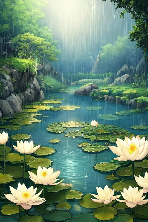 Rain, rocks, gardens, ponds, lotus leaves, lotus flowers