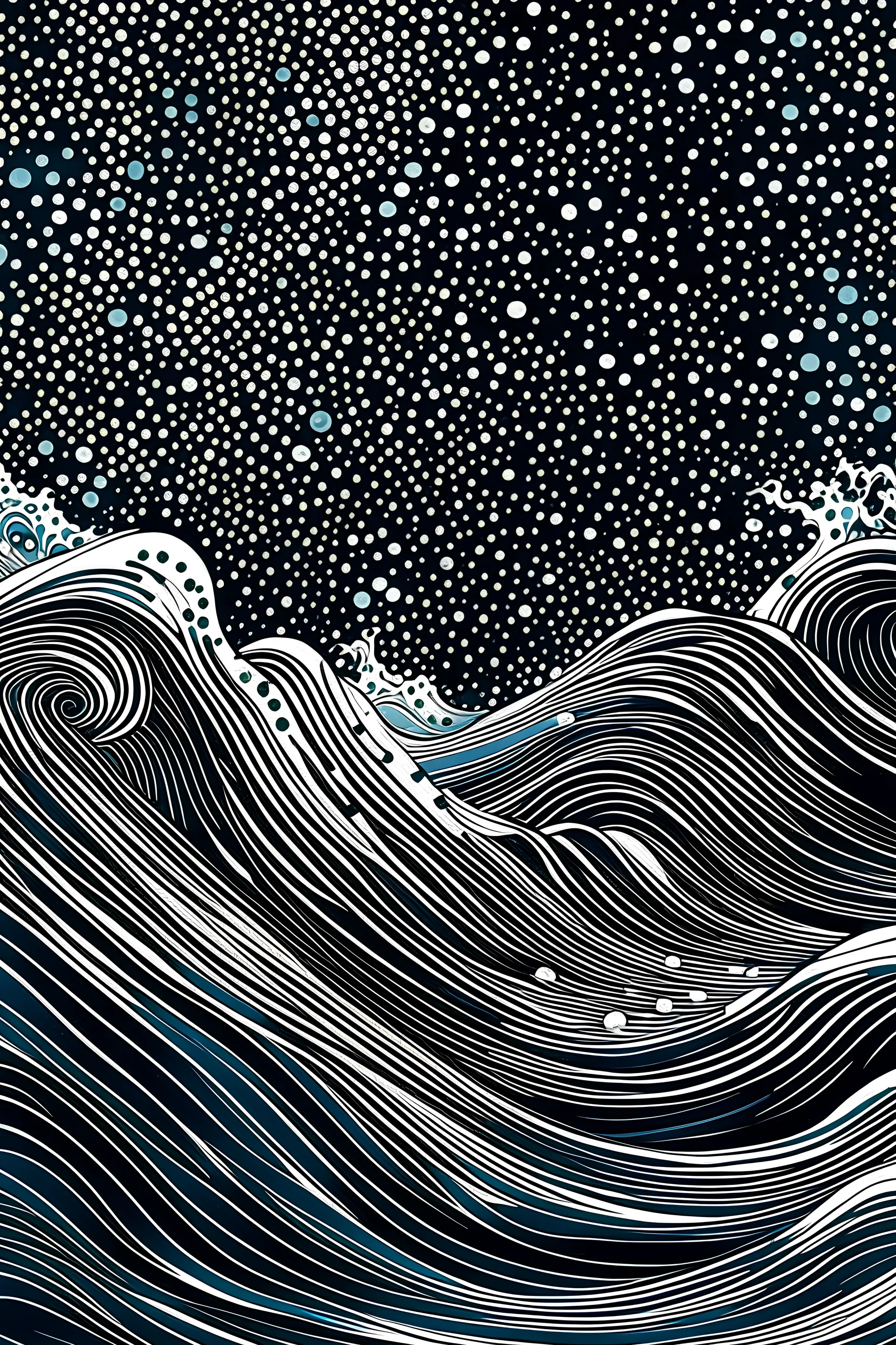 The illustration depicts a seamless wave pattern stretching across the page. Waves of varying sizes and shapes overlap and cascade downwards, creating a dynamic and fluid composition. The waves transition from darker shades of black at the bottom to lighter shades towards the top, mimicking the depth and movement of the ocean. Small details like foam and bubbles can be found within the waves, adding depth and realism to the scene.