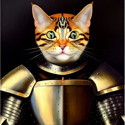 oil painting of a beautiful symmetrical cat with armor, XV century, by El Bosco, Leonardo da Vinci, Goya 8k