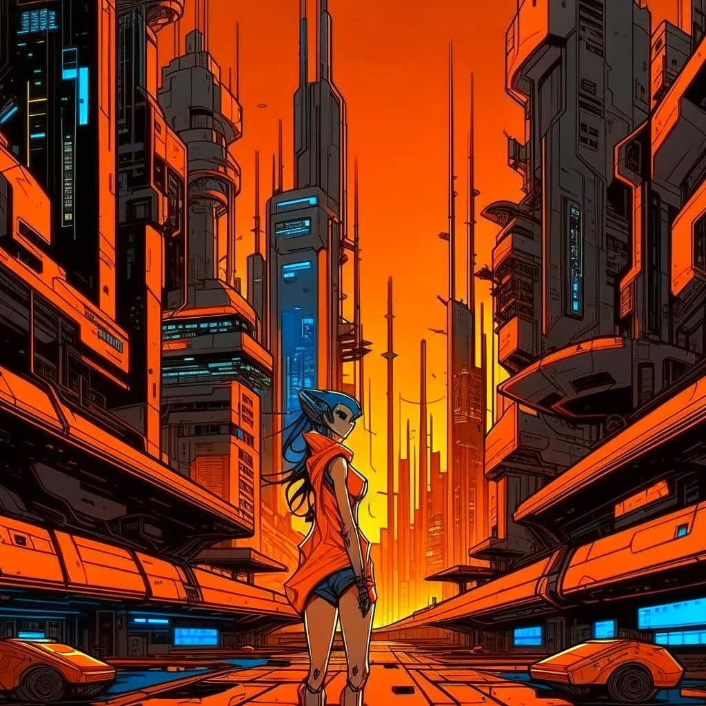 cyberpunk retro futuristic for comics from far away in orange