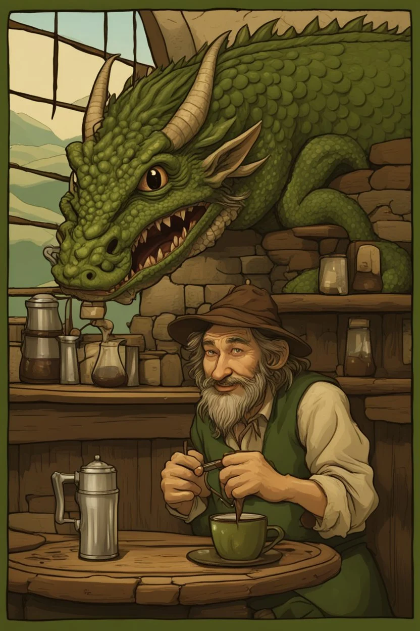 [coffee] In the Green Dragon, the smiling hobbit worked behind the bar. Though small in stature, none was more joyful in service. His eyes, bright as sunrise and always upturned in mirth, inspected beans from distant lands. From the machine poured drinks like liquid gold. Each shot drew from him a chuckling sniff, scents of exotic hills filling his head. With care he textured cream, lips still smiling as lofty peaks crowned. Patrons gathered round pots steaming, laughter echoing as in a hobbit-h