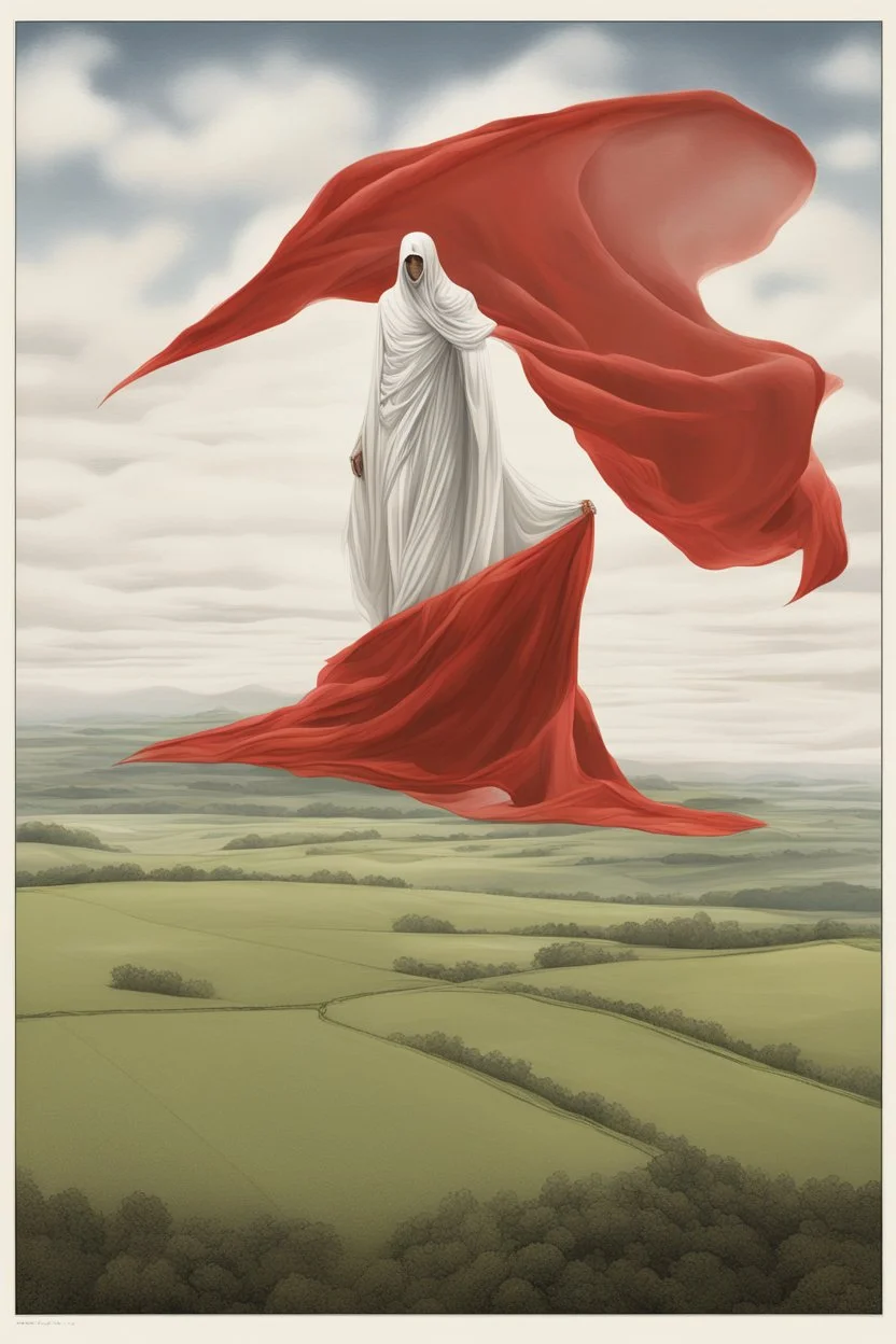 Giant massive huge in stature, majestic entity, hovering and floating over a large field landscape. the entity wears a white and red draped fabric that has printed on the material resembling stars. the fabric has also technological elements. you can see how big it is compared to a tiny human standing in front of it