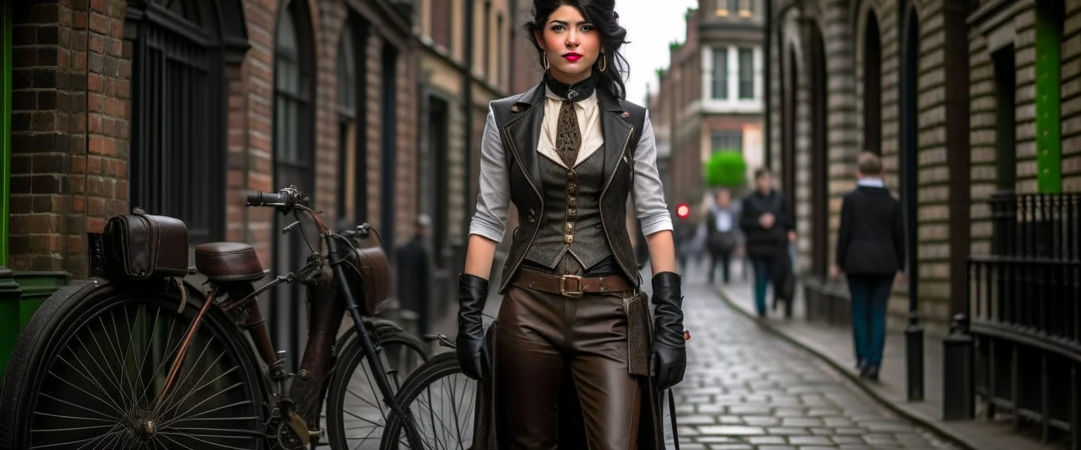 full-height portrait of a woman with straight shoulder-length black hair, with metal arms and legs, dressed in leather trousers, and a waistcoat, in a Victorian street next to a steampunk bike