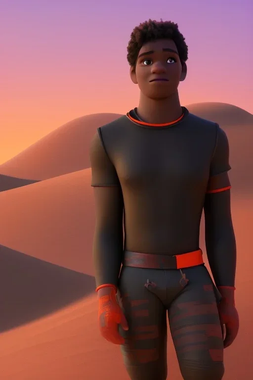 3D render of a cyberpunk tribal teen black man, black hair, hooded, on a bright orange dune background, digital art