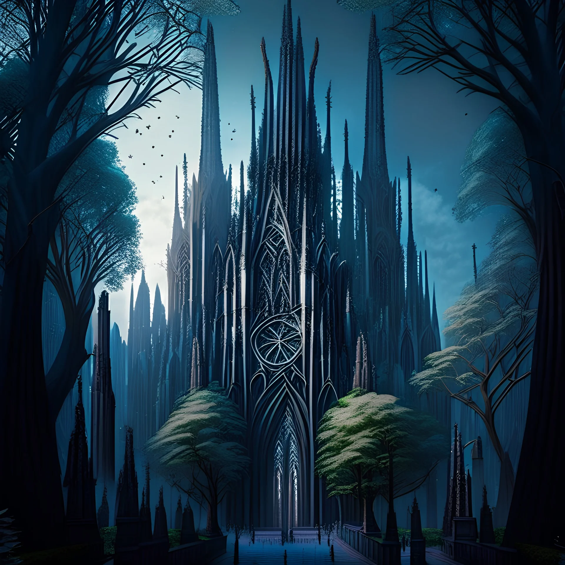 Gothic city cathedral gothic hyper-detailed digital art people 8k trees