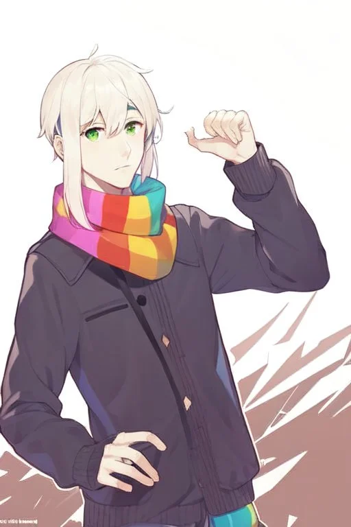 Anime style, Make the art more realistic in the anime version, man, Green eyes, Wearing a colorful scarf around your neck, His hand on the right is referencing himself