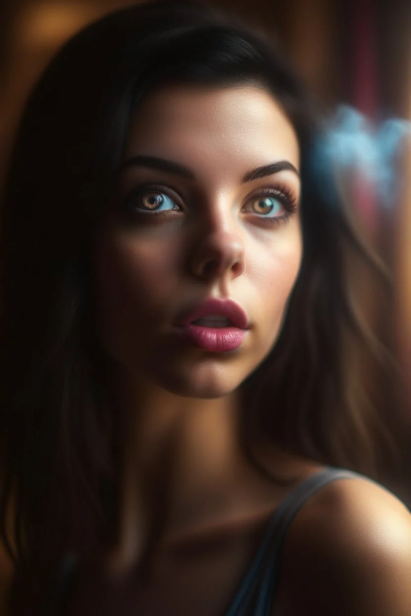 a cute brunette that stares at us like we are the prettiest demons she has ever seen, its such a perfect day, motion blur, smoke, 8k, downlight, soft light, depth of field, photorealism, trending on art station, lotsa detail