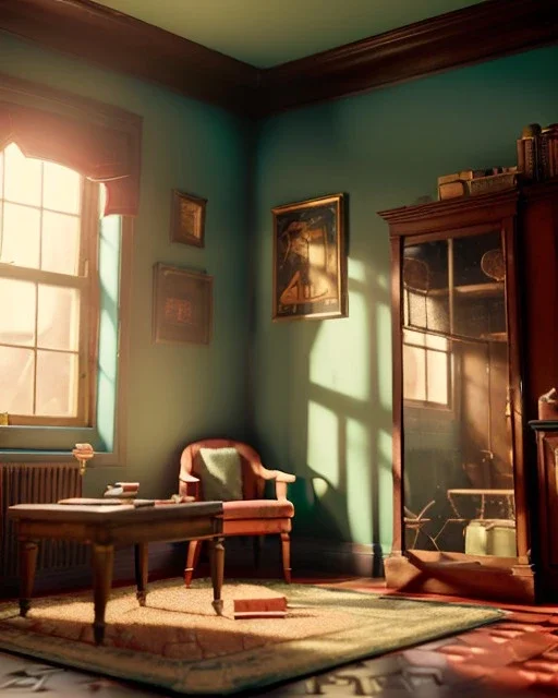 Room scene, Wes Anderson style, aligator on floor, concept art, smooth, unreal engine 5, god lights, ray tracing, RTX, lumen lighting, ultra detail, volumetric lighting, 3d.