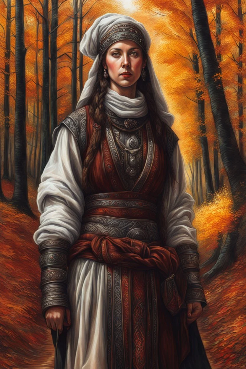 create a classical-abstract-realist sci-fi fantasy full body portrait drawing of a nomadic tribal shepherdess with highly defined facial features, in an autumnal northern forest in the style of Donato Giancola, Hans Memling, Titian, and Caravaggio, 8k, highly detailed, otherworldly and fantastic