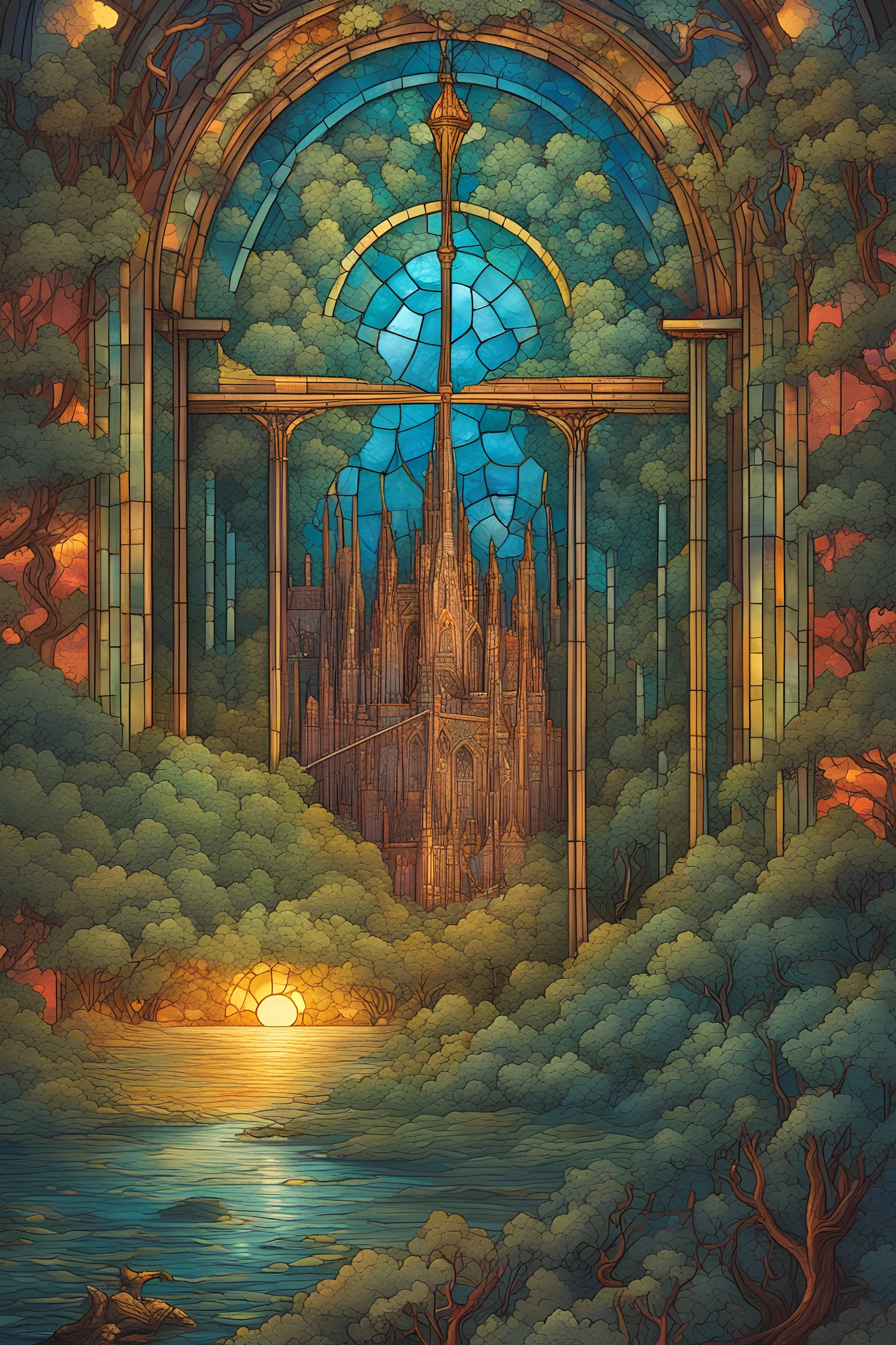 Stained glass Magnetosheath Plasma, Dan Mumford, Cyril Rolando, MW Kaluta, Louis Comfort Tiffany, Dale Chihuly, hyper-detailed, hyperrealistic, digital landscape art, 8k resolution, beautiful colors, tarot card, awe, aurora made of stained glass, detailed, Hyperdetailed storybook illustration, concept art