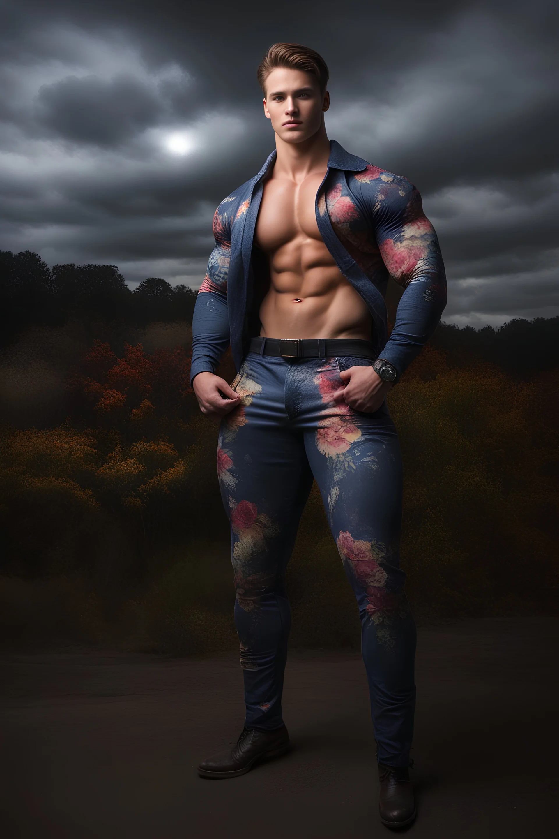 full body portrait, 6'5". 220lbs, extremely muscular,18-year-old Elvis Clark Kent has great big giant muscles, blue eyes, skintight, formfitting high-collared jumpsuit with floral designs, smirking, pitch black background, multicolored spotlight, Photorealistic, realistic stock photo, Professional quality Photograph. Fog, Clouds, mist.