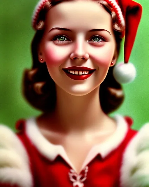 girl in red green, close up portrait, Christmas, smiling, cute, beautiful, 1940s