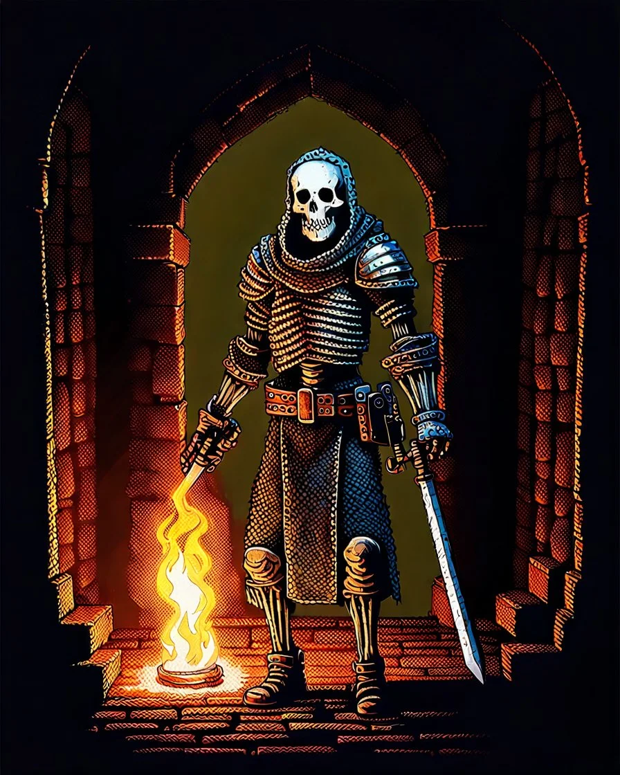 A frightening castle dungeon hallway with a skeleton warrior in rusty chainmail holding a burning torch painterly rpg art