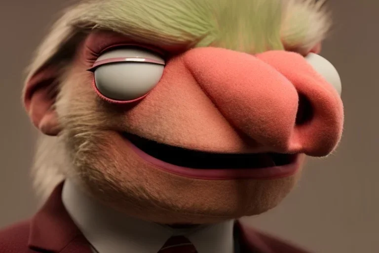 Angry muppet trump in suit, no tongue, looking forward, face, little, round puffball nose, yellow eyebrows